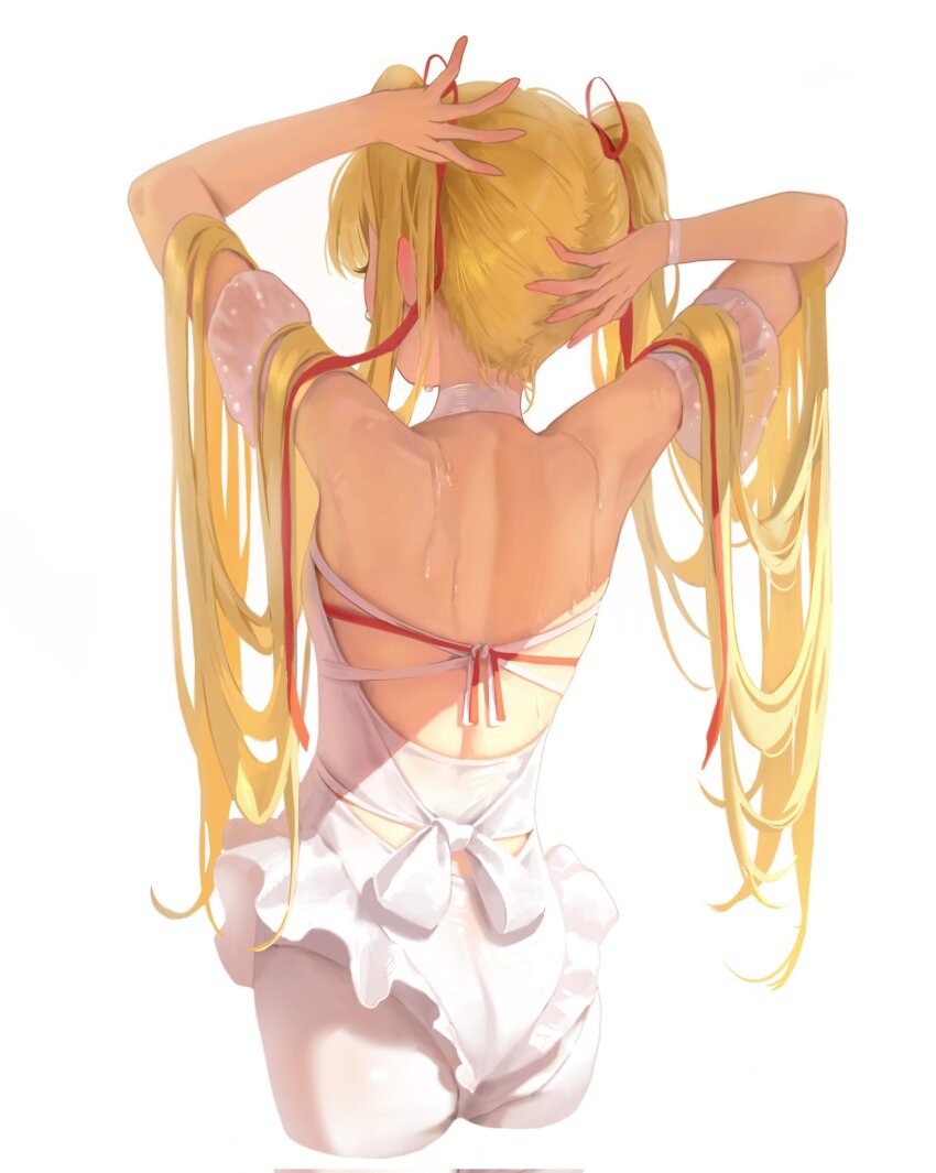 1girl arms_behind_head arms_up ass back backless_outfit ballerina bangsom bare_back bare_shoulders blonde_hair cropped_legs facing_away frills from_behind hair_ribbon highres long_hair nora_(bangsom) original red_ribbon ribbon solo sweat twintails very_long_hair