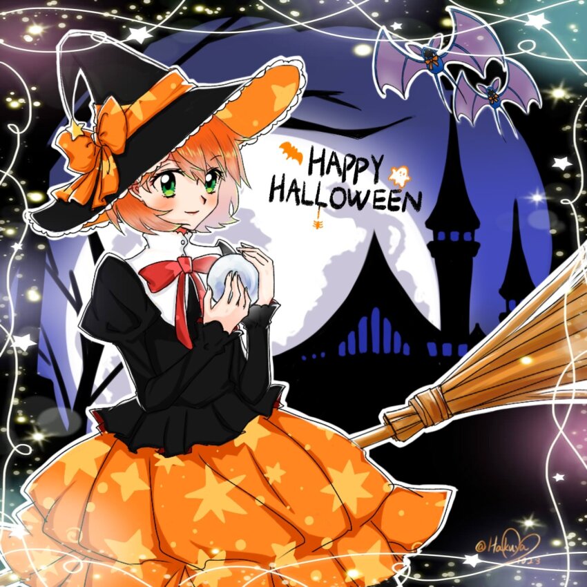 1girl artist_name bare_tree bat_wings black_shirt blush bow bowtie broom closed_mouth creatures_(company) dress frills full_moon game_freak gen_1_pokemon green_eyes hakuya_1023 halloween halloween_costume happy_halloween hat hat_bow hat_ribbon highres holding jack-o&#039;-lantern juliet_sleeves long_sleeves looking_at_viewer misty_(pokemon) moon night nintendo open_mouth orange_bow orange_hair orange_skirt outdoors outline pokemon pokemon_(anime) pokemon_(classic_anime) puffy_sleeves pumpkin red_bow red_ribbon ribbon shirt short_hair signature skirt smile solo spellcaster star_(symbol) star_print tree twitter_username white_outline wings witch witch_hat zubat