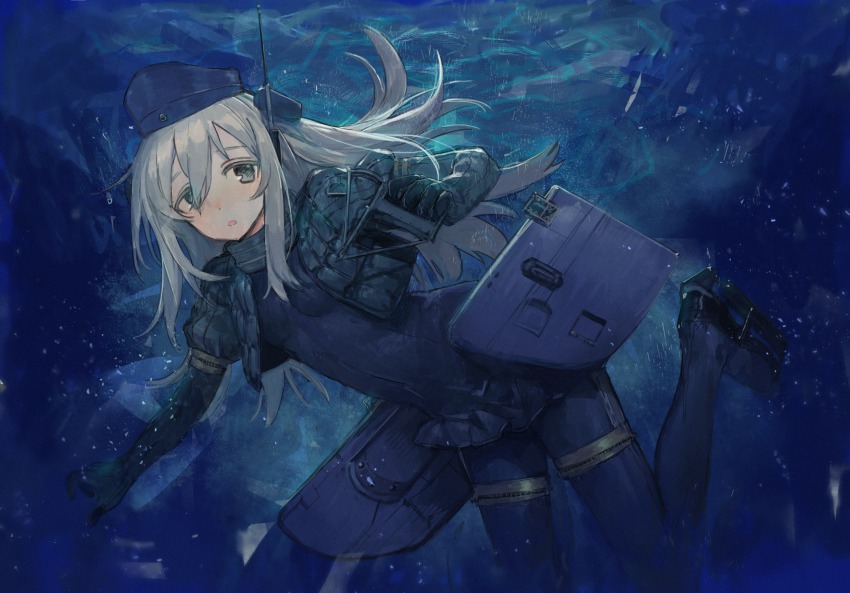 10s 1girl :o bad_id bad_pixiv_id black_pantyhose blonde_hair cropped_jacket dark_background female_focus garrison_cap gloves grey_eyes hair_between_eyes hair_ornament hat highres hirota_tsuu kantai_collection kstaisa long_hair machinery military military_uniform open_mouth pantyhose puffy_sleeves skin_tight solo u-511_(kancolle) underwater