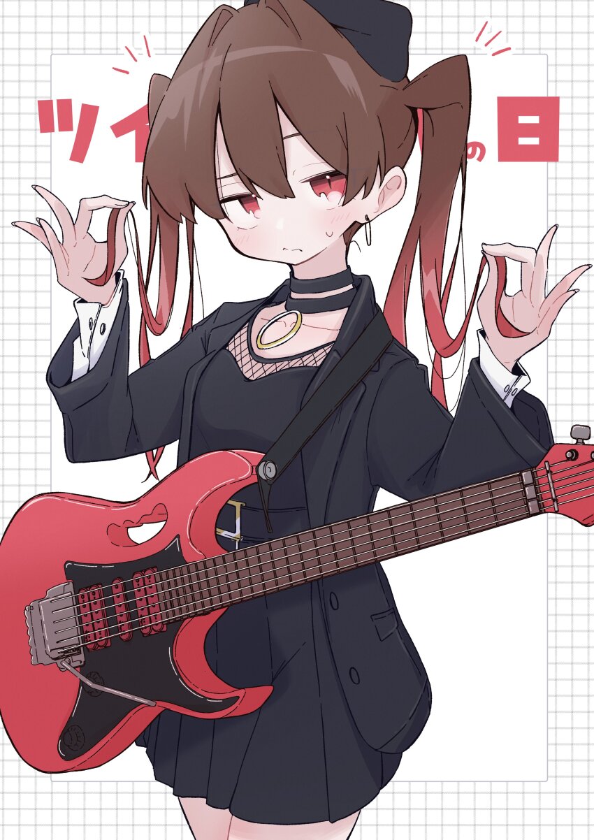 1girl absurdres aomoringo beret black_choker black_dress black_hat black_jacket bocchi_the_rock! breasts choker cleavage dress electric_guitar flat_chest guitar hat highres instrument jacket long_hair multicolored_hair ootsuki_yoyoko red_eyes red_hair sidelocks solo twintails