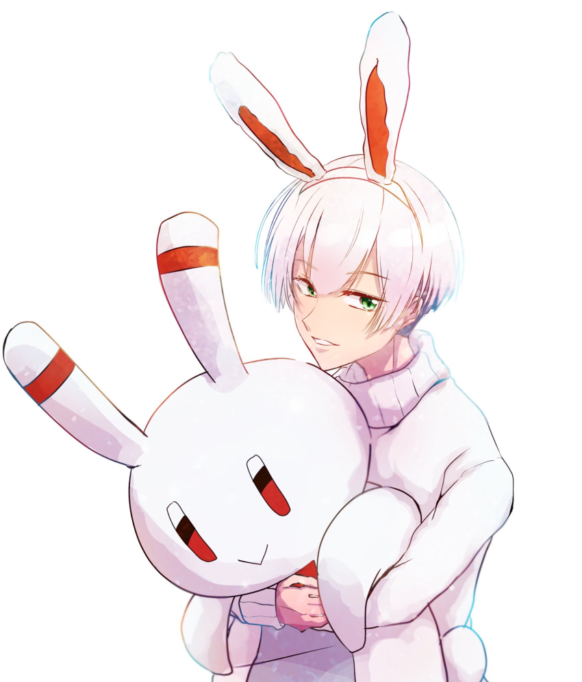 1boy 1other animal_ears rabbit_ears fake_animal_ears green_eyes hacchi_kita highres hug ikku_(robihachi) long_sleeves male_focus manza_hk_(gorilla081) robihachi robot simple_background sweater white_background white_hair white_sweater