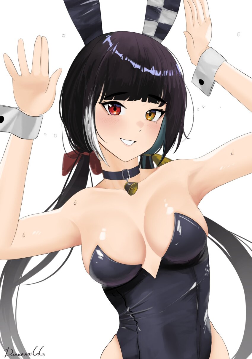 1girl animal_ears artist_name backless_leotard bell black_choker black_hair black_leotard blunt_bangs blush bow breasts breasts_apart choker commentary darkpulsegg english_commentary fake_animal_ears girls&#039;_frontline hair_bow heterochromia highres leotard looking_at_viewer medium_breasts multicolored_hair neck_bell parted_lips playboy_bunny rabbit_ears rabbit_pose red_bow red_eyes ro635_(girls&#039;_frontline) simple_background smile straight-on streaked_hair twintails upper_body white_background white_hair wrist_cuffs yellow_bow yellow_eyes