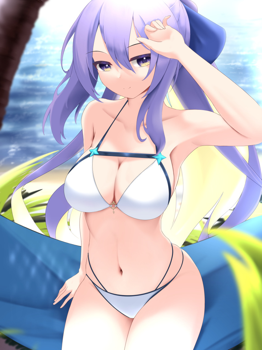 1girl absurdres arm_up bikini breasts cleavage commentary firen_inferno highres hololive hololive_indonesia large_breasts leaf long_hair looking_at_viewer moona_hoshinova navel ocean palm_tree ponytail purple_eyes purple_hair ribbon sand sidelocks sitting smile stomach swimsuit thighs tree virtual_youtuber white_bikini