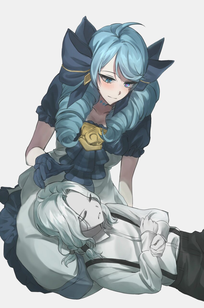 1boy 1girl aged_down black_bow black_dress black_gloves black_pants bow closed_mouth collarbone collared_shirt dress drill_hair ggtdw_lol gloves green_eyes green_hair grey_background grey_dress gwen_(league_of_legends) hair_bow hair_ornament highres lap_pillow league_of_legends long_hair long_sleeves looking_at_another lying on_back pants puffy_short_sleeves puffy_sleeves shirt short_sleeves simple_background smile suspenders teeth twin_drills twintails viego_(league_of_legends) white_shirt