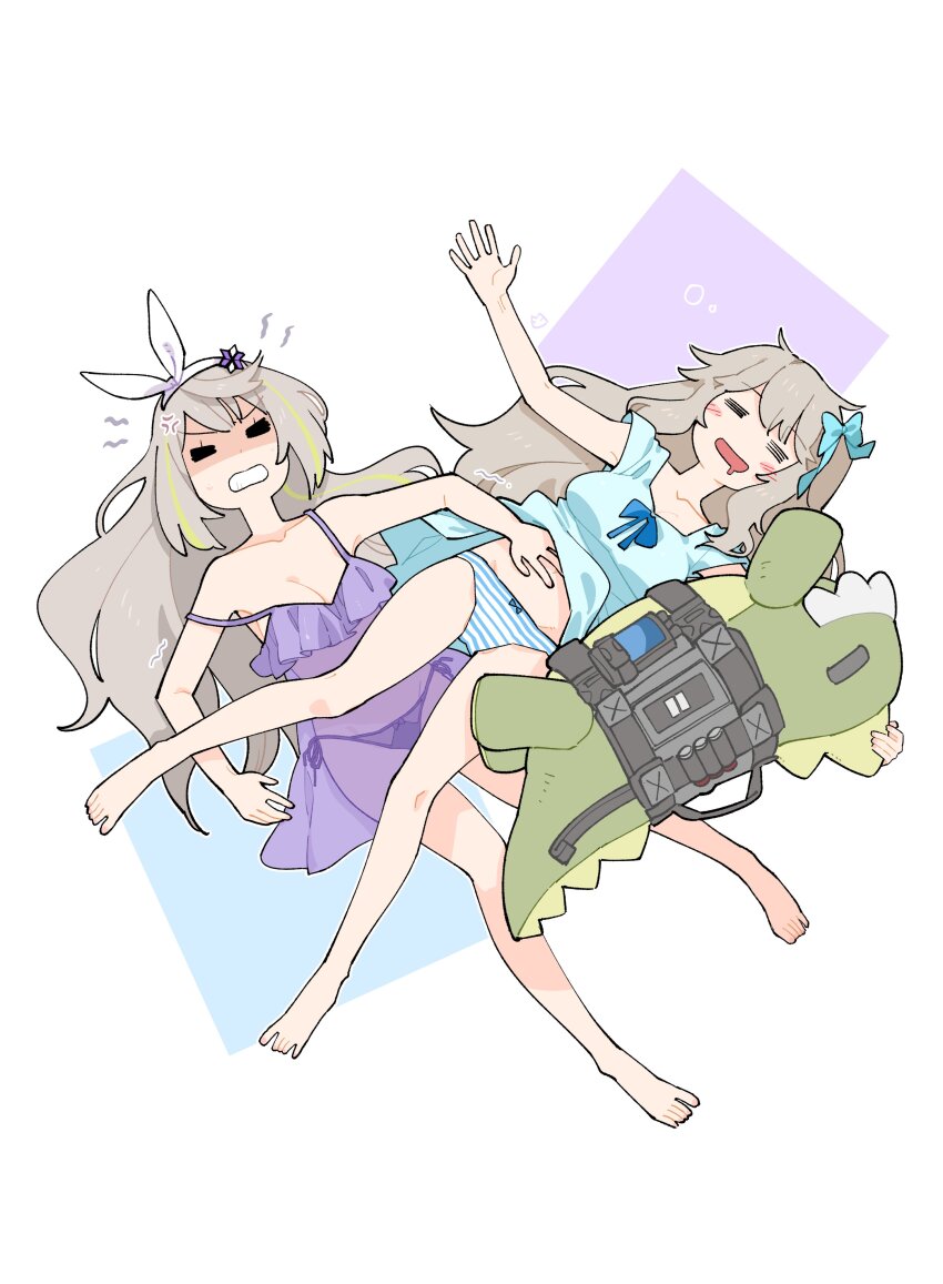 2girls absurdres alternate_costume alternate_hairstyle babydoll barefoot blue_bow blue_nightgown blush bow breasts brown_hair cleavage clenched_teeth closed_eyes commentary feet girls&#039;_frontline girls&#039;_frontline_2:_exilium green_hair hair_bow hairband highres miharu_(cgsky) mr._pizza_(girls&#039;_frontline_2) multicolored_hair multiple_girls nightgown open_mouth panties purple_babydoll purple_panties see-through_clothes sharkry_(girls&#039;_frontline_2) side-tie_panties simple_background sleeping streaked_hair striped_clothes striped_panties symbol-only_commentary teeth toes two-tone_hair two-tone_panties underwear vepley_(girls&#039;_frontline_2) white_background white_hairband