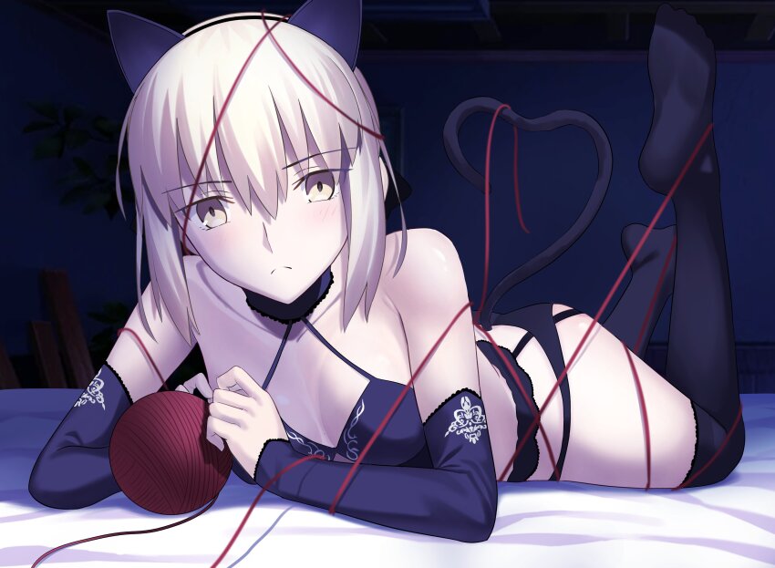 1girl absurdres animal_ears artoria_pendragon_(fate) bare_shoulders black_bra black_panties black_thighhighs blonde_hair blush bow bra breasts commentary elbow_gloves english_commentary fake_animal_ears fake_tail fate/grand_order fate_(series) garter_belt garter_straps gloves highres indoors long_hair longdq3008 looking_at_viewer lying on_bed on_stomach panties saber_alter small_breasts solo tail thighhighs underwear yellow_eyes