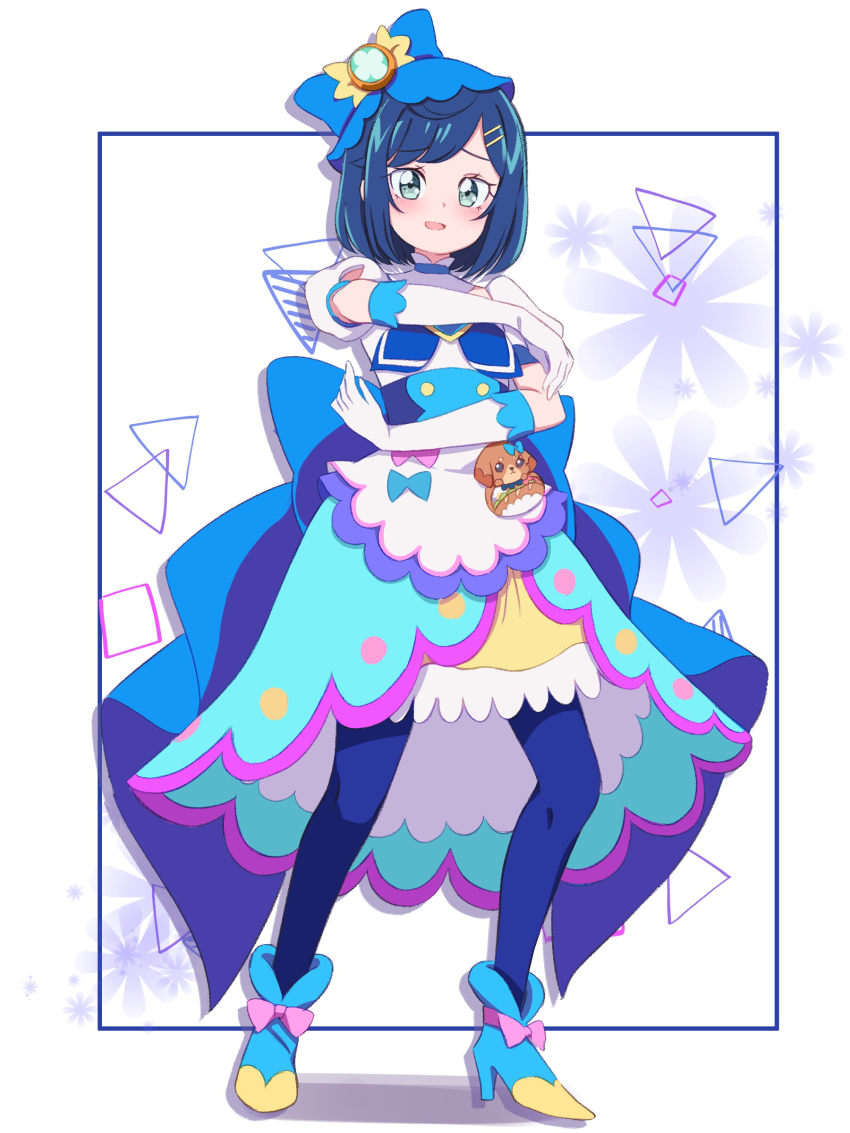 1girl absurdres ankle_boots apron aqua_eyes ascot back_bow blue_ascot blue_bow blue_dress blue_footwear blue_hair blue_pantyhose bob_cut boots bow brooch clothing_cutout commentary_request commission cosplay cure_spicy cure_spicy_(cosplay) delicious_party_precure dress full_body fuwa_kokone hair_bow hair_ornament hairclip heart heart_brooch high_heel_boots high_heels highres huge_bow jewelry looking_at_viewer medium_dress open_mouth outside_border pam-pam_(precure) pantyhose partial_commentary precure puffy_short_sleeves puffy_sleeves self_cosplay short_hair short_sleeves shoulder_cutout skeb_commission smile solo standing toon_(noin) waist_apron