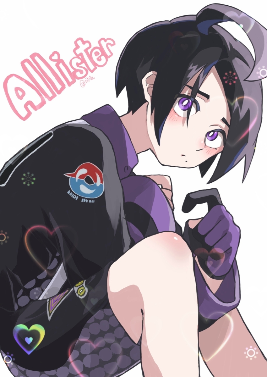 1boy ahoge allister_(pokemon) black_hair black_jacket blush character_name closed_mouth commentary_request creatures_(company) feet_out_of_frame game_freak gloves hair_over_one_eye hands_up heart heart_hands highres jacket knees knees_up long_bangs long_sleeves looking_at_viewer male_focus nintendo o_o307 partially_fingerless_gloves pokemon pokemon_swsh print_shorts purple_eyes purple_gloves shorts simple_background single_glove sitting solo white_background wide_sleeves