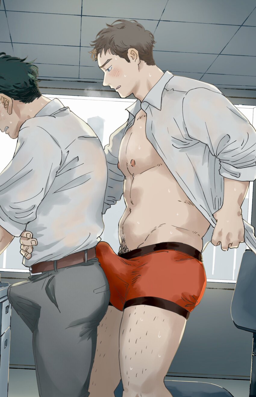 2boys bara blush boxers bulge bulge_to_ass buttjob buttjob_over_clothes covered_penis cowboy_shot dry_humping ejaculation erection erection_under_clothes from_side handsfree_ejaculation hatomugishota highres humping indoors leg_hair male_focus male_underwear multiple_boys muscular muscular_male navel_hair office open_clothes open_shirt original partially_undressed precum precum_through_clothes premature_ejaculation red_male_underwear sweat underwear yaoi