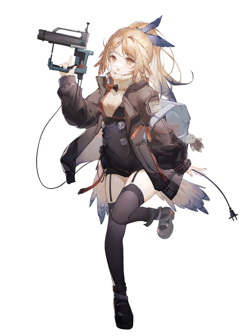 1girl absurdres arknights black_jacket black_skirt black_thighhighs blonde_hair blue_nails blush buttons celina chinese_commentary commentary_request feather_hair feather_hair_ornament feathers fingernails full_body grey_footwear gun hair_ornament highres holding holding_gun holding_weapon jacket legwear_garter long_sleeves looking_at_viewer mole mole_under_eye multicolored_nails nail_gun nail_polish open_clothes open_jacket orange_eyes parted_lips pinecone_(arknights) ponytail red_nails shoes simple_background skirt solo standing standing_on_one_leg sweater thighhighs weapon white_background white_sweater