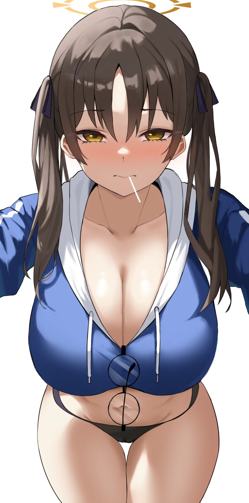 1girl absurdres bikini bikini_bottom_only blue_archive blue_hoodie blush breasts brown_hair candy cleavage clogs collarbone cropped_hoodie eyewear_hang unworn_eyewear food glasses halo highres hood hoodie large_breasts lollipop long_hair looking_at_viewer moe_(blue_archive) moe_(swimsuit)_(blue_archive) mouth_hold murding official_alternate_costume simple_background solo swimsuit twintails white_background yellow_eyes