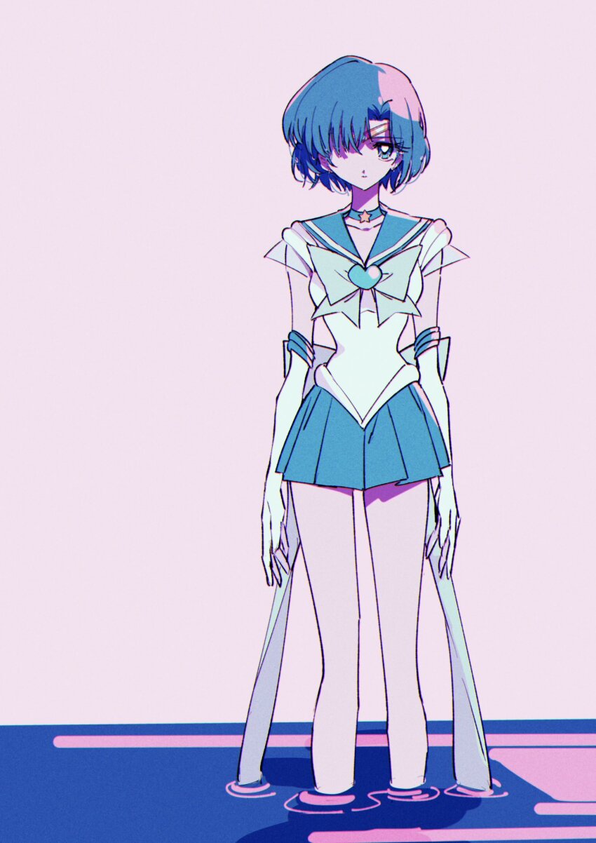 1girl bishoujo_senshi_sailor_moon blue_bow blue_bowtie blue_choker blue_hair blue_sailor_collar bow bowtie brooch choker circlet collarbone commentary elbow_gloves gloves hair_over_one_eye heart heart_brooch highres inner_senshi jewelry magical_girl mizuno_ami pochi_(askas_is_god) sailor_collar sailor_mercury sailor_senshi sailor_senshi_uniform short_hair socks solo standing star_(symbol) star_choker super_sailor_mercury water white_gloves white_socks