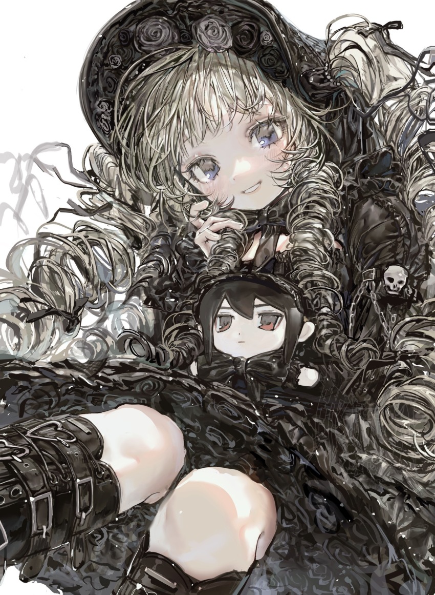 1girl black_dress black_flower black_rose blonde_hair blue_eyes bonnet boots character_doll doll dress flower frilled_dress frills gothic_lolita heart_belt_buckle highres holding holding_doll juliet_sleeves knee_boots lolita_fashion long_hair long_sleeves looking_at_viewer original puffy_sleeves ringlets rose smile solo very_long_hair yamada_mipo