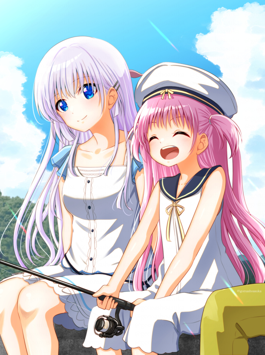 2girls :d ^_^ arms_at_sides bare_arms blue_eyes blue_sailor_collar blue_sky blunt_ends blush bright_pupils closed_eyes closed_mouth cloud collarbone commentary_request cumulonimbus_cloud day dress eyes_visible_through_hair feet_out_of_frame fishing fishing_rod gomasho_asuka hair_behind_ear hair_between_eyes hair_ornament hairclip happy hat highres holding holding_fishing_rod katou_umi long_hair multiple_girls naruse_shiroha open_mouth outdoors pink_hair ribbon sailor_collar sailor_dress sailor_hat short_dress short_sleeves sidelocks sitting sky sleeveless sleeveless_dress smile split_mouth straight_hair summer_pockets sunlight teeth twitter_username two_side_up upper_teeth_only very_long_hair white_dress white_hair white_hat yellow_ribbon