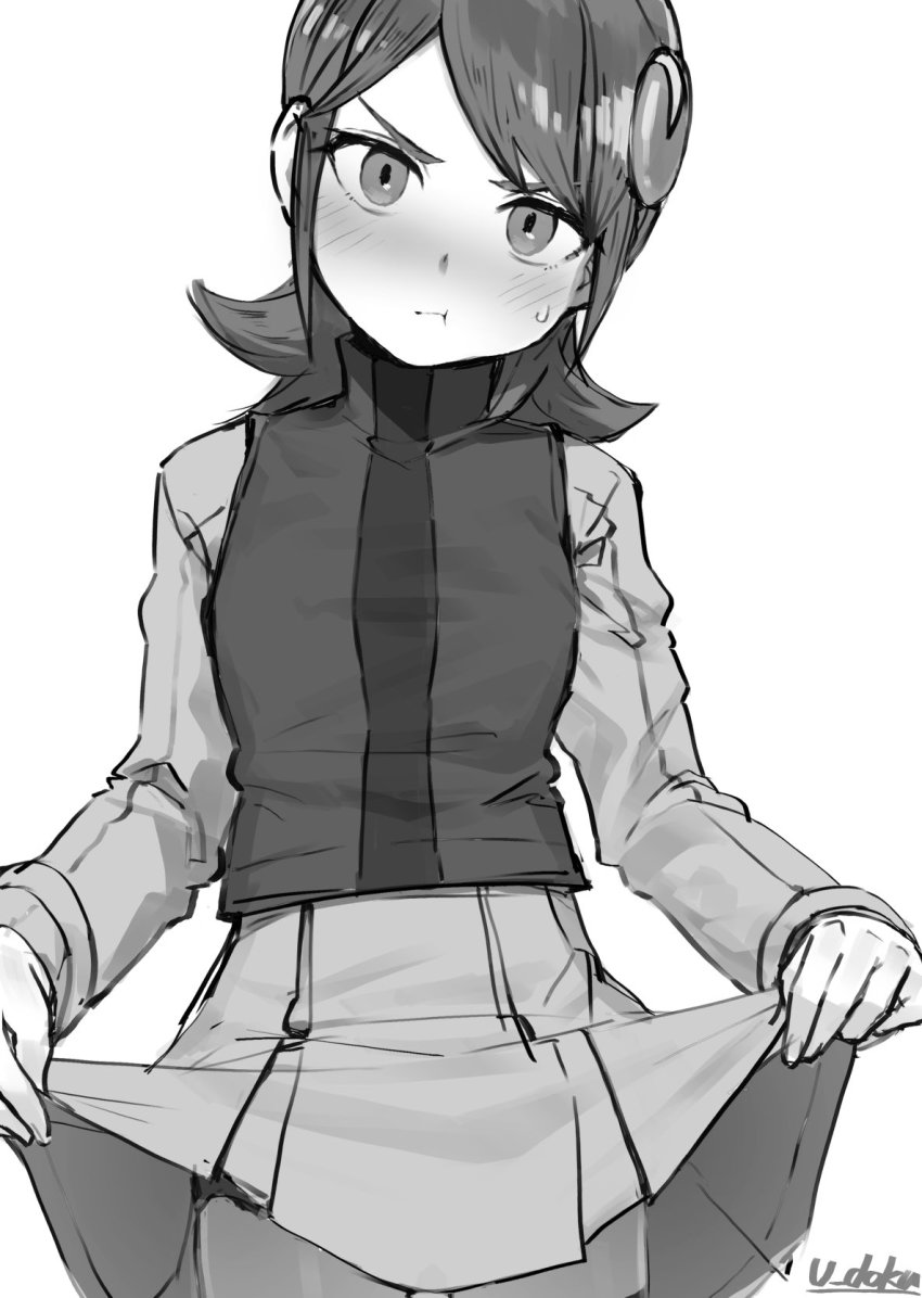 1girl :t artist_name blush clothes_lift embarrassed female_focus greyscale hair_ornament highres lifting_own_clothes looking_at_viewer mayl_sakurai_(mega_man) mega_man_(series) mega_man_battle_network mega_man_battle_network_(series) monochrome pout skirt skirt_lift solo sweatdrop u-doku