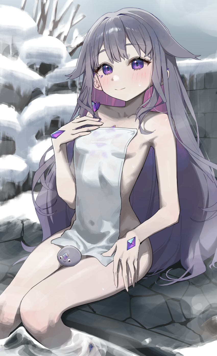 1girl absurdres breasts closed_mouth colored_inner_hair covering_privates gradient_hair grey_hair hand_jewel highres hololive hololive_english jewel_under_eye koseki_bijou looking_at_viewer material_growth multicolored_hair nude_cover outdoors overcast pebble_(koseki_bijou) purple_eyes purple_hair sky small_breasts smile snow soaking_feet syhan towel virtual_youtuber