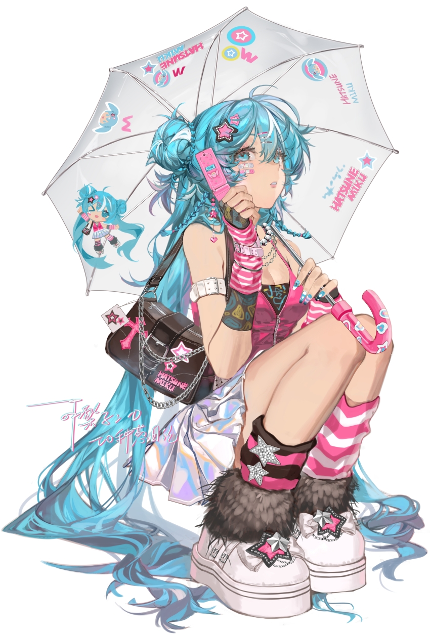 1girl absurdres arm_belt arm_warmers asymmetrical_legwear bag bandaid bandaid_on_cheek bandaid_on_face bare_shoulders blue_eyes blue_hair blue_nails braid cellphone character_name commentary fingerless_gloves fingernails flip_phone from_side full_body gloves hair_bun hair_ornament hairpin hatsune_miku highres holding holding_phone holding_umbrella iridescent jewelry kelezi leg_warmers long_fingernails long_hair looking_at_viewer mismatched_legwear multicolored_hair multiple_braids nail_polish necklace parted_lips pearl_necklace phone pink_shirt shirt shoulder_bag signature simple_background single_hair_bun single_side_bun skirt sleeveless sleeveless_shirt solo squatting sticker streaked_hair umbrella very_long_hair vocaloid white_footwear white_hair white_skirt y2k_fashion