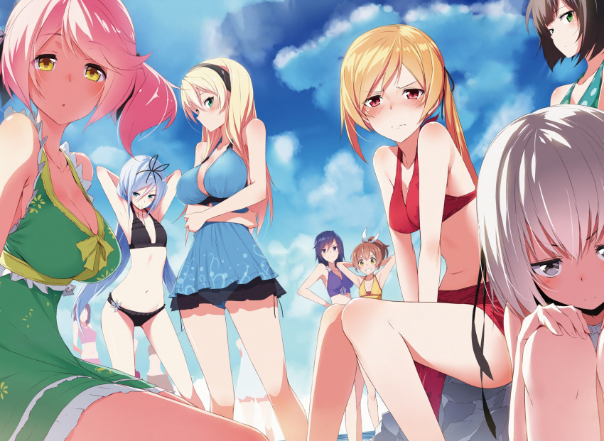 &gt;:( 6+girls adjusting_hair airi_arcadia angry armpits arms_behind_head arms_up bare_shoulders beach bikini bikini_under_clothes black_bikini blonde_hair blue_eyes blue_hair blue_one-piece_swimsuit blue_sky blush bob_cut bow breasts brown_hair casual_one-piece_swimsuit celistia_ralgris chestnut_mouth cleavage cloud collarbone contrapposto crossed_arms day dress embarrassed everyone frilled_bikini frilled_dress frills frown green_eyes grey_eyes grey_hair grin hair_ribbon hairband hand_on_own_hip hands_on_own_knees high_ponytail highres kasuga_ayumu_(haruhipo) knees_together_feet_apart krulcifer_einfolk large_breasts lisesharte_atismata long_hair long_legs looking_at_viewer mouth_hold multiple_girls navel nokuto_leaflet novel_illustration ocean official_art one-piece_swimsuit orange_hair outdoors parted_lips philuffy_aingram pink_hair polka_dot ponytail purple_eyes purple_hair red_bikini red_eyes ribbon rock saijaku_muhai_no_bahamut sarong see-through sharis_barthshift short_ponytail short_twintails side_ponytail sitting sky small_breasts smile standing sundress swept_bangs swimsuit swimsuit_under_clothes tankini tilfarr_lillmitt twintails tying_hair v-shaped_eyebrows v_arms very_long_hair water wavy_mouth yellow_bikini yellow_eyes