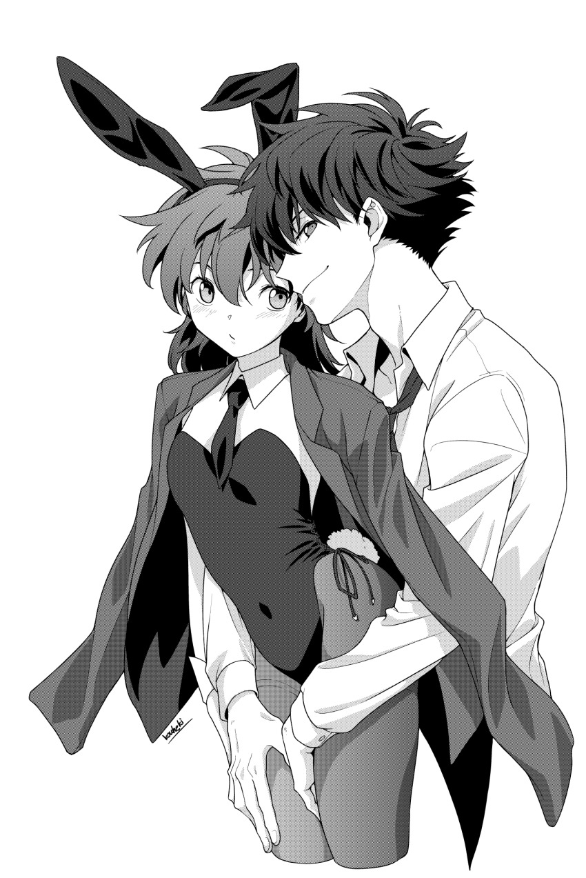 1boy 1girl animal_ears artist_name borokouhek breasts closed_mouth commentary_request couple covered_navel dress_shirt fake_animal_ears fake_tail greyscale hands_on_another&#039;s_thighs hetero highres jacket jacket_on_shoulders kuroba_kaito leotard long_sleeves looking_at_another looking_at_viewer magic_kaito medium_hair monochrome nakamori_aoko necktie nontraditional_playboy_bunny pantyhose rabbit_ears rabbit_tail shirt short_hair small_breasts smile strapless strapless_leotard tail wrist_cuffs