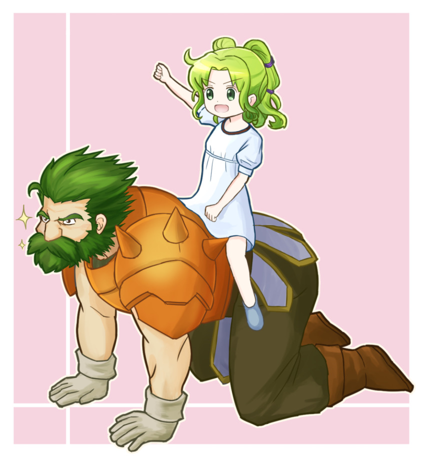 1boy 1girl aged_down arm_up beard brown_footwear child clenched_hand dozla_(fire_emblem) dress facial_hair fire_emblem fire_emblem:_the_sacred_stones fire_emblem_heroes gloves green_eyes green_hair highres l&#039;arachel_(fire_emblem) medium_hair nintendo open_mouth pink_background short_sleeves short_twintails shoulder_spikes sidelocks simple_background sitting smile spikes twintails user_sjfs3428 white_dress