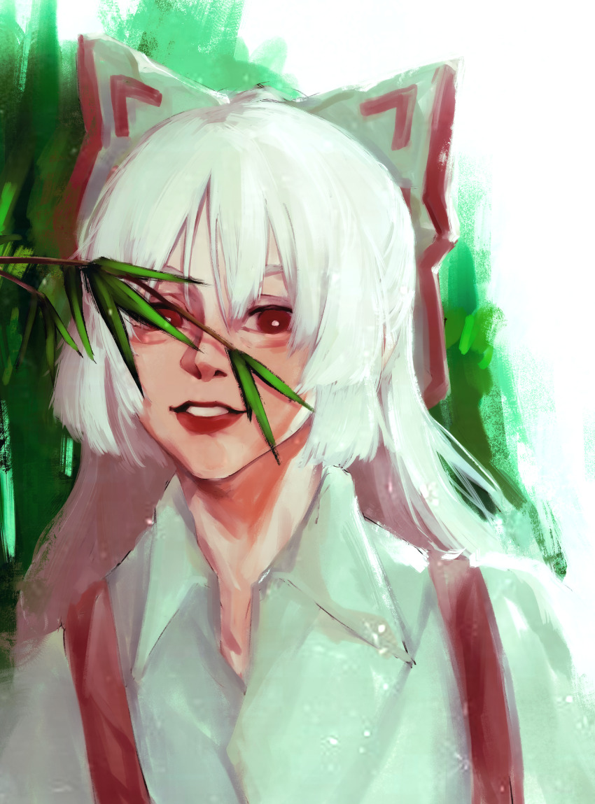 1girl absurdres bow clip_studio_paint_(medium) collared_shirt commentary english_commentary fujiwara_no_mokou hair_bow highres light_smile looking_at_viewer making-of_available open_mouth red_eyes shirt sinonon218 solo suspenders touhou upper_body white_bow white_hair white_shirt