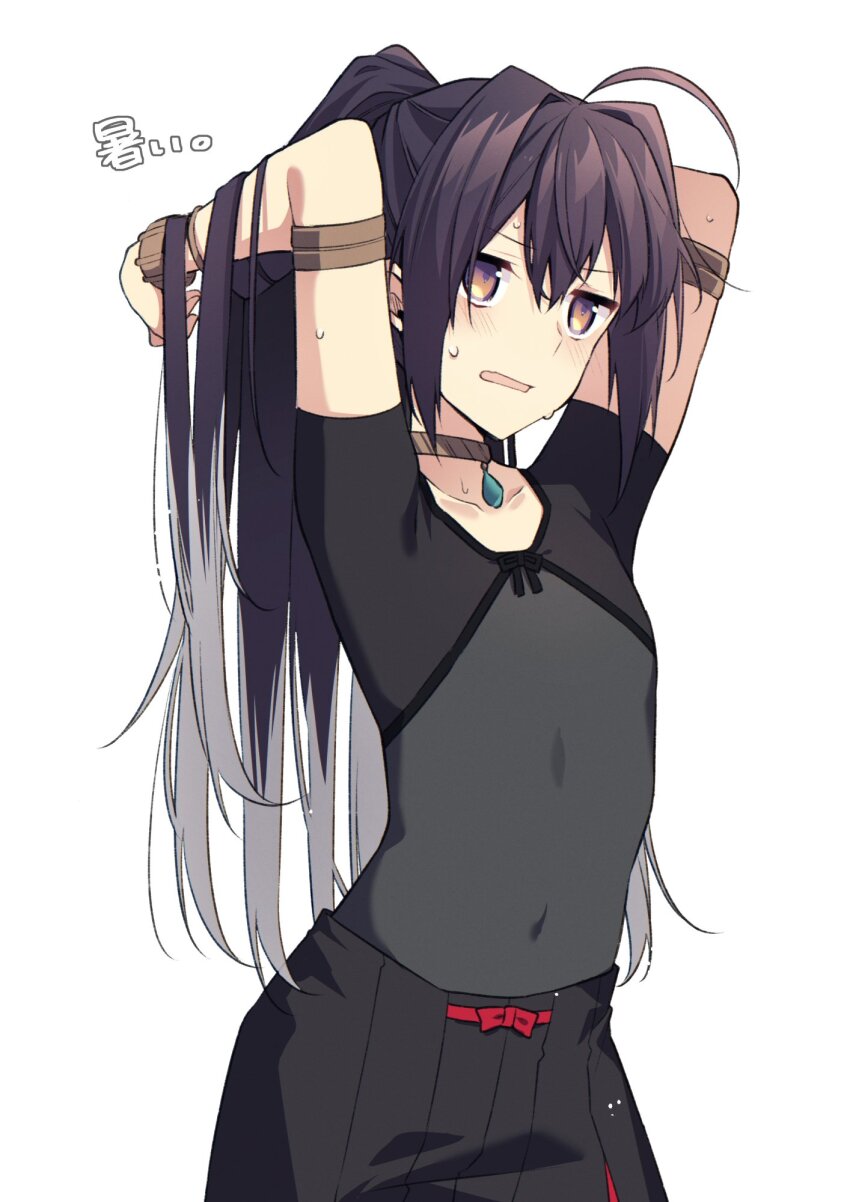 1other ahoge alternate_hairstyle androgynous armlet black_hair bracelet choker ebi_fly_55 fate/samurai_remnant fate_(series) hair_intakes high_ponytail highres japanese_clothes jewelry ponytail sidelocks simple_background solo sweat white_background yamato_takeru_(fate) yellow_eyes