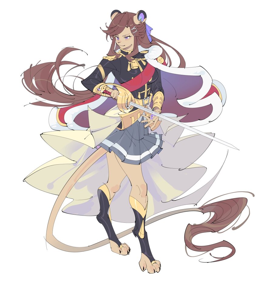 animal_ears arm_up black_dress brown_hair capelet closed_mouth commentary_request dress from_side furry furry_female hair_flowing_over highres holding holding_sword holding_weapon long_hair long_sleeves looking_to_the_side purple_eyes red_capelet seishou_music_academy_uniform shoujo_kageki_revue_starlight simple_background solo standing swept_bangs sword tail tendou_maya thighs weapon white_background zocehuy