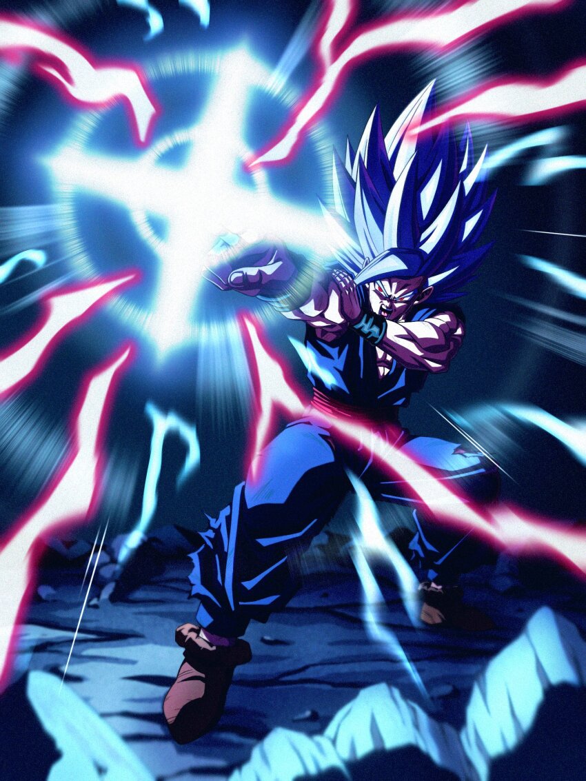 1boy dragon_ball dragon_ball_super dragon_ball_super_super_hero gohan_beast lightning long_hair makankousappou muscular muscular_male red_eyes solo son_gohan spiked_hair tagme torn_clothes