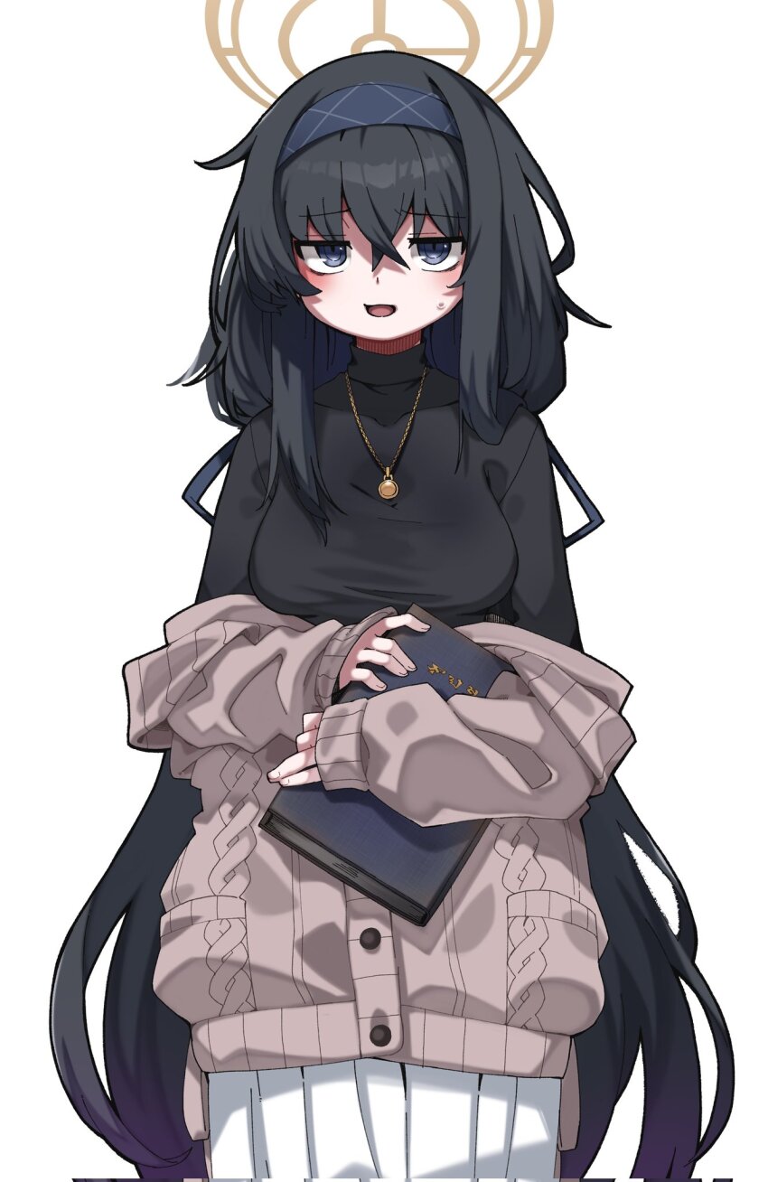 1girl black_hair black_undershirt blue_archive blue_hairband book brown_cardigan cardigan crossed_bangs datemegane hairband halo highres holding holding_book jewelry long_hair long_sleeves looking_at_viewer necklace simple_background skirt smile solo ui_(blue_archive) white_background white_skirt