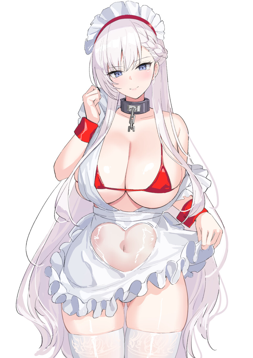 1girl absurdres apron azur_lane belfast_(azur_lane) belfast_(blissful_service)_(azur_lane) bikini blue_eyes blush braid breasts cleavage closed_mouth commentary_request cowboy_shot gluteal_fold hand_up highres large_breasts long_hair looking_at_viewer maid_headdress marumai navel official_alternate_costume red_bikini simple_background smile solo swimsuit thighhighs underboob white_apron white_background white_hair white_thighhighs wrist_cuffs