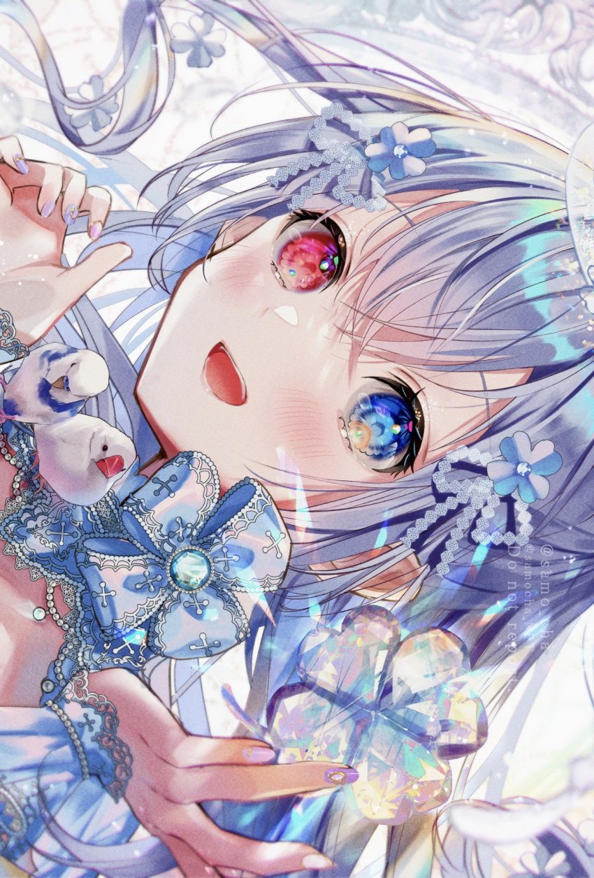 1girl bird blue_eyes crossed_bangs dress flower gem heterochromia highres lens_flare open_mouth original red_eyes samo_cha sideways smile solo white_bird white_flower