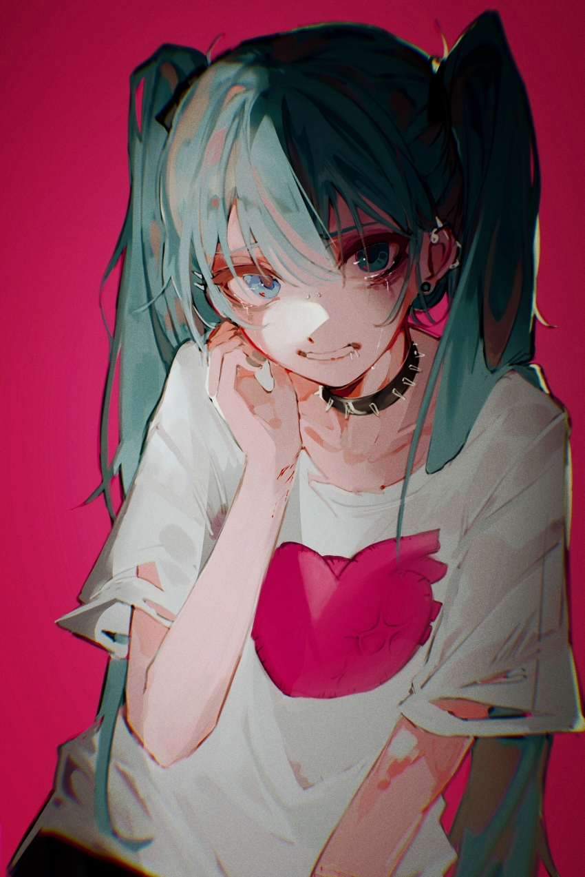 1girl absurdres anti-eyebrow_piercing aqua_eyes aqua_hair aqua_nails blue_eyes chromatic_aberration clenched_teeth collar collarbone crying crying_with_eyes_open cuts drooling ear_piercing hair_between_eyes hand_up hatsune_miku highres injury lip_piercing long_hair looking_at_viewer motokitoki piercing pink_background print_shirt sad sad_girl_sex_(vocaloid) self-harm shirt simple_background solo spiked_collar spikes t-shirt tears teeth torn_clothes twintails upper_body very_long_hair vocaloid