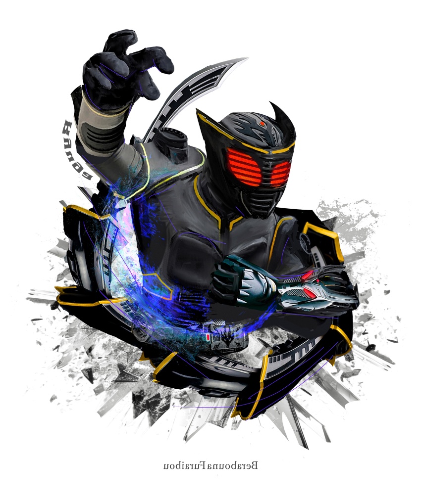 1boy absurdres advent_deck armor belt_buckle black_armor black_helmet buckle character_name commentary_request helmet highres kamen_rider kamen_rider_ryuga kamen_rider_ryuki_(series) male_focus mirrored_text missing_commentary obakelope0530 red_eyes rider_belt simple_background solo v_buckle white_background