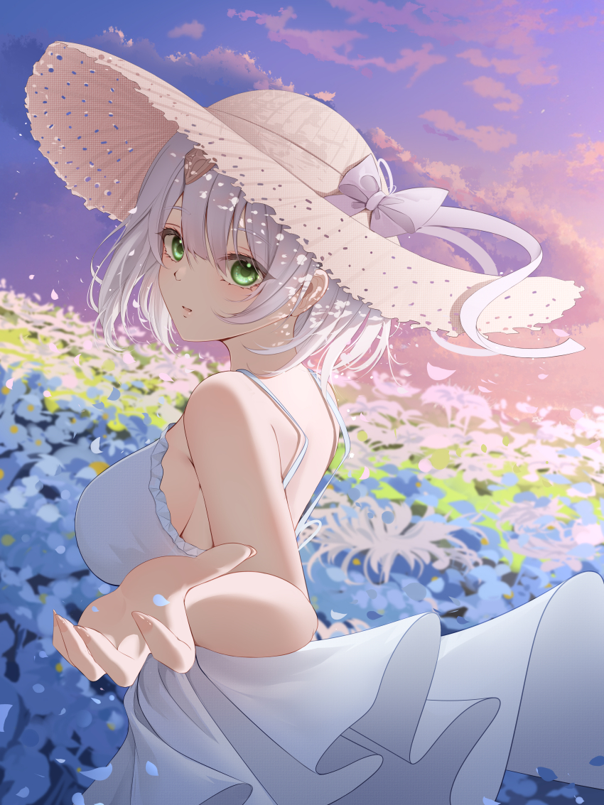 1girl absurdres alternate_costume blue_flower blurry blurry_background bow breasts chinese_commentary commentary_request dress field flower flower_field from_side genshin_impact green_eyes grey_hair hair_ornament hat hat_bow highres large_breasts looking_at_viewer noelle_(genshin_impact) outdoors petals purple_sky qiyuan_yingluo reaching reaching_towards_viewer short_hair sideboob sky solo sun_hat sundress white_bow white_dress