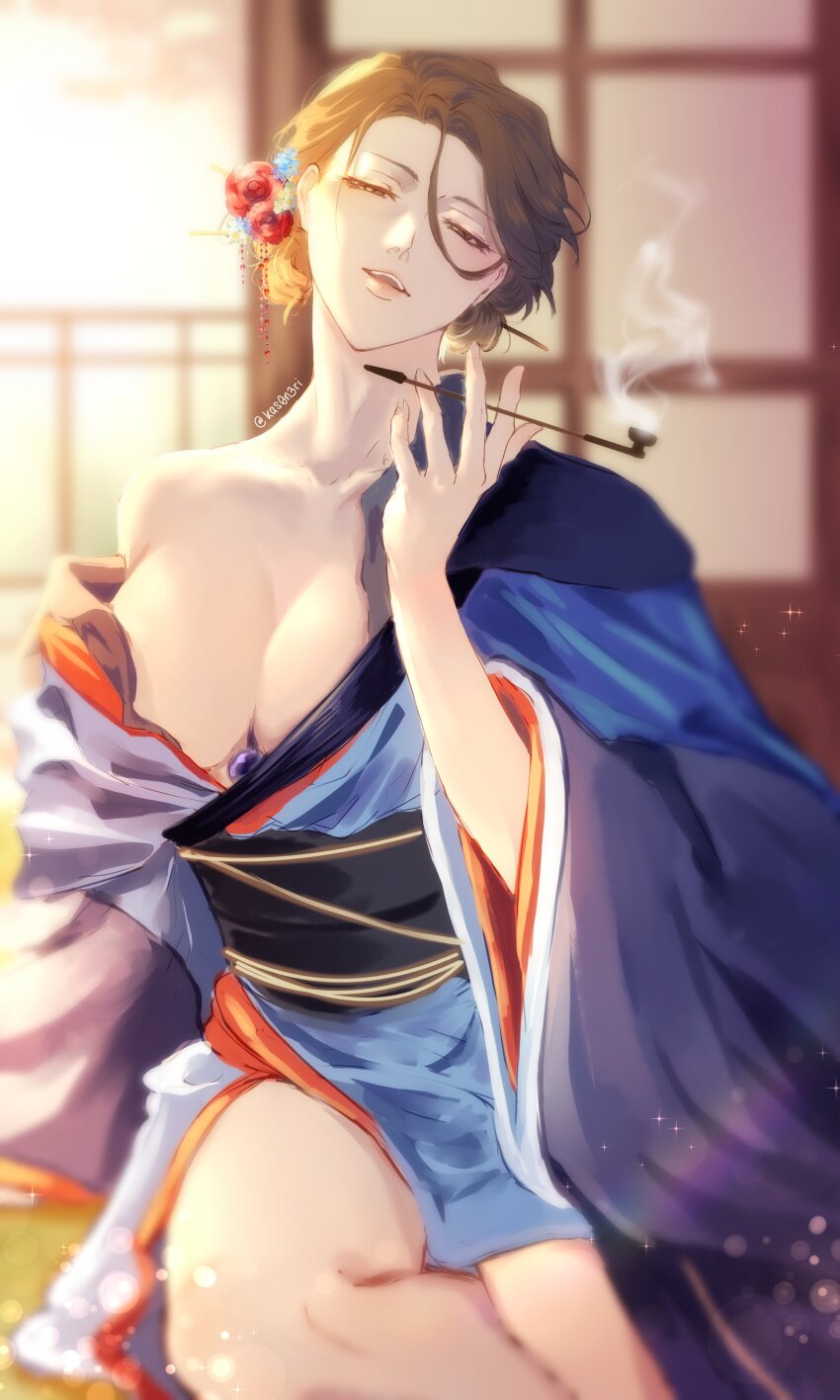 1girl absurdres aizen_sousuke alternate_costume alternate_hairstyle arm_at_side bleach blue_flower blue_kimono blurry blurry_background breasts brown_eyes brown_hair cleavage collarbone commentary day english_commentary eyelashes feet_out_of_frame flower genderswap genderswap_(mtf) hair_behind_ear hair_between_eyes hair_flower hair_ornament hair_stick half-closed_eyes hand_up highres hogyoku_(bleach) holding holding_smoking_pipe indoors japanese_clothes kanzashi kas0n3ri kimono large_breasts layered_clothes layered_kimono lips long_sleeves looking_at_viewer mature_female open_mouth rainbow red_flower red_rose rose short_hair single_bare_shoulder sitting smile smoke smoking_pipe solo sparkle teeth twitter_username upper_teeth_only wide_sleeves yokozuwari