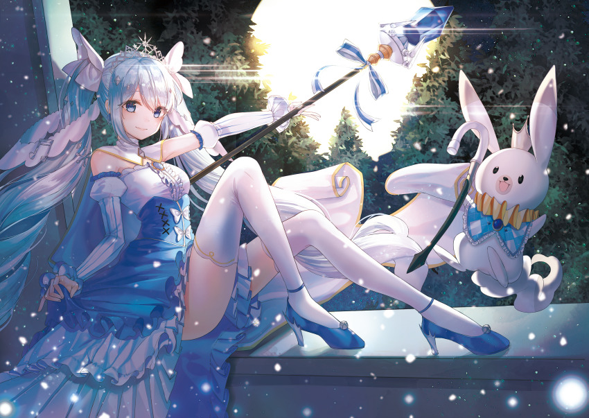 1girl absurdres amulet bare_shoulders beamed_sixteenth_notes blue_dress blue_eyes blue_hair bow bowtie cane cape checkered_bow checkered_clothes commentary crown crystal detached_sleeves dress fortissimo framed_breasts frilled_dress frills full_body full_moon hair_ornament hatsune_miku highres holding holding_cane holding_staff huge_filesize knees_up layered_dress long_hair long_sleeves looking_at_viewer moon musical_note musical_note_hair_ornament neck_ruff night open_mouth outstretched_arm puffy_sleeves rabbit_yukine ribbon sitting skirt_hold slippers smile snow snowflake_hair_ornament staff striped_sleeves thighhighs tiara tree ueng very_long_hair vocaloid white_cape white_thighhighs yuki_miku yuki_miku_(2019)