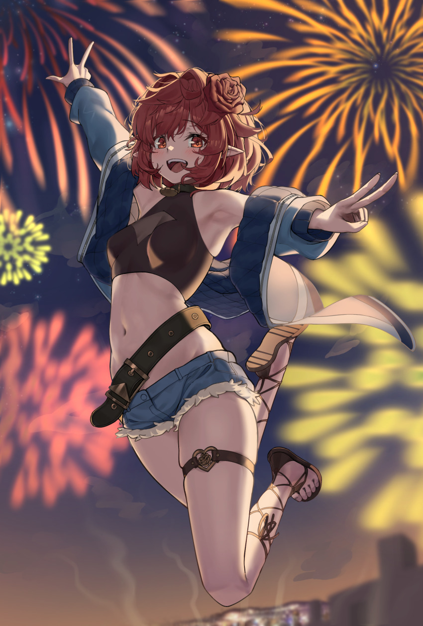 1girl absurdres aerial_fireworks armpits backlighting bare_shoulders belt black_shirt blue_jacket blue_shorts breasts crop_top cutoffs denim denim_shorts double_v dungeon_and_fighter female_mage_(dungeon_and_fighter) fireworks flower hair_flower hair_ornament highres jacket kim_boki legs_up long_sleeves looking_at_viewer loose_belt mage_(dungeon_and_fighter) micro_shorts midair midriff navel off_shoulder open_clothes open_jacket open_mouth original outstretched_arms pointy_ears red_eyes red_hair rose sandals shirt short_hair short_shorts shorts sleeveless sleeveless_shirt small_breasts smile solo stomach summoner_(dungeon_and_fighter) thigh_strap thighs v