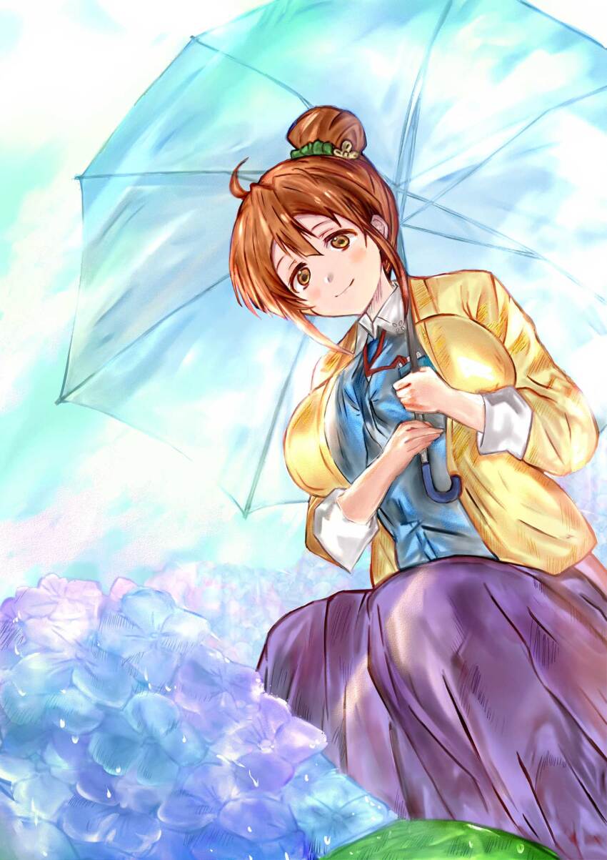 1girl ahoge black_skirt blue_shirt breasts brown_eyes brown_hair cloud day flower highres holding holding_umbrella jacket large_breasts long_skirt long_sleeves nagatabi_makoto outdoors sakura_quest shinomiya_shiori shirt skirt smile solo transparent transparent_umbrella umbrella yellow_jacket