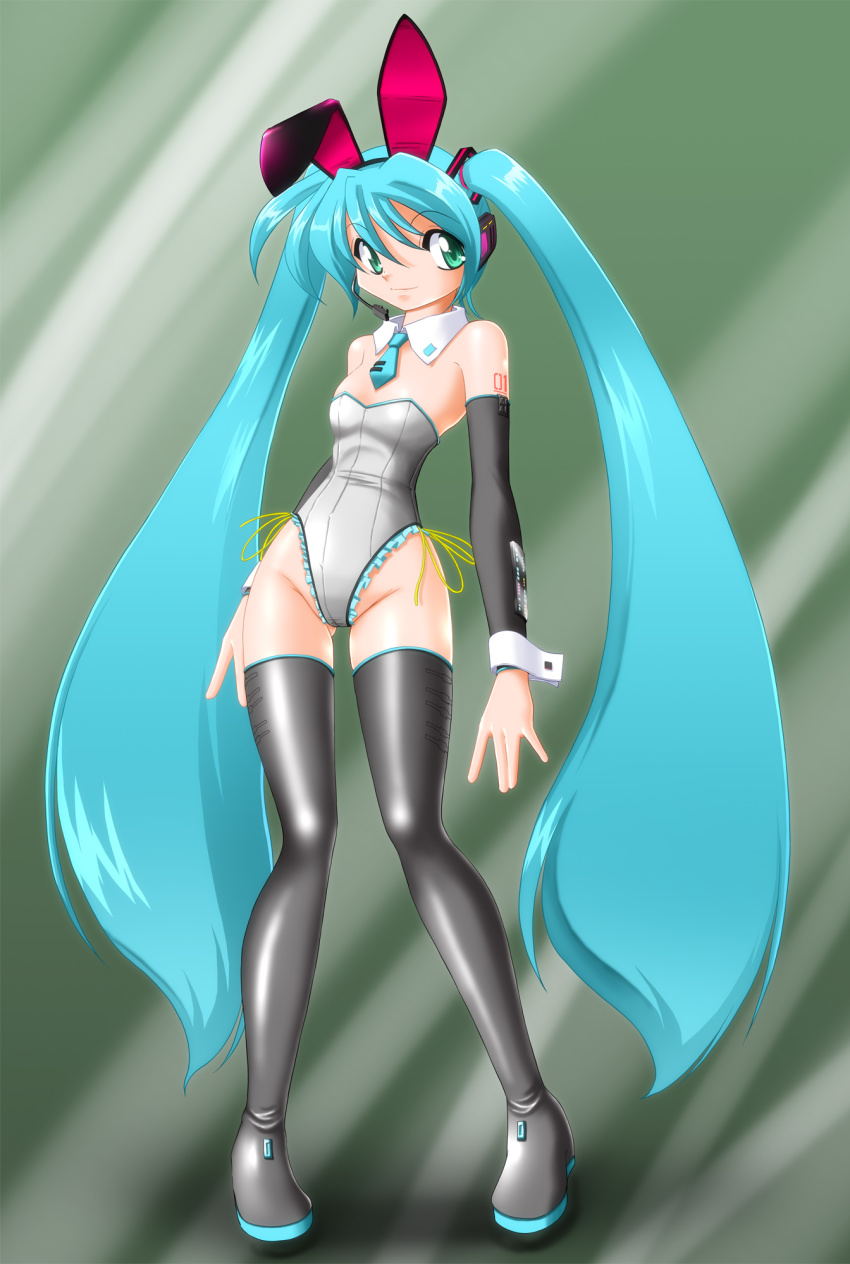 1girl alternate_costume animal_ears aqua_eyes aqua_hair bare_shoulders boots rabbit_ears detached_sleeves fake_animal_ears hatsune_miku headphones highres long_hair microphone necktie playboy_bunny twintails usso very_long_hair vocaloid