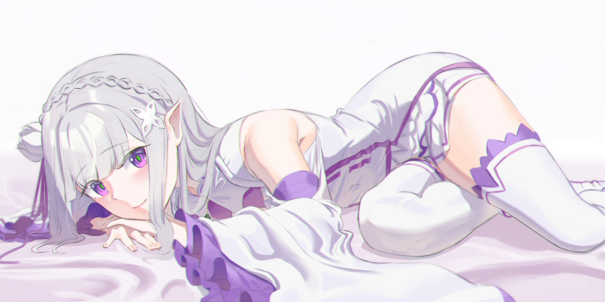 absurdres bare_shoulders braid bright_pupils cailin020 dress elf emilia_(re:zero) flower grey_hair hair_flower hair_ornament head_on_hand highres long_hair looking_at_viewer lying on_stomach pointy_ears purple_eyes re:zero_kara_hajimeru_isekai_seikatsu short_dress smile thighhighs white_background white_dress white_flower white_thighhighs wide_sleeves