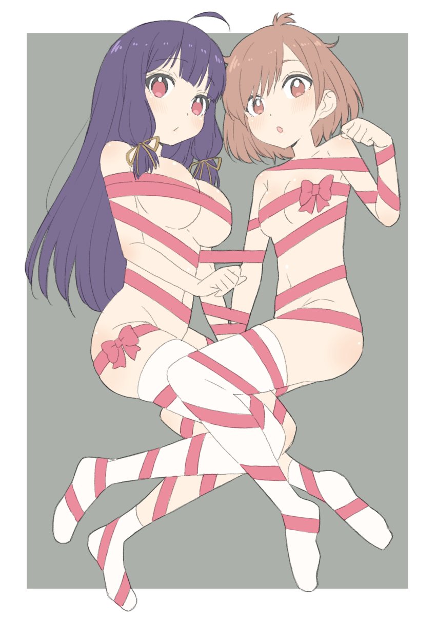 2girls absurdres ahoge asymmetrical_legwear border breasts brown_eyes brown_hair copyright_request donguri_suzume grey_background highres large_breasts long_hair looking_at_viewer multiple_girls naked_ribbon parted_lips paw_pose purple_hair red_eyes red_ribbon ribbon short_hair simple_background single_sock single_thighhigh small_breasts socks thighhighs uneven_legwear white_border white_legwear