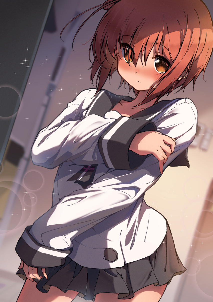 1girl black_sailor_collar black_skirt blurry blurry_background blush brown_eyes brown_hair collarbone commentary_request eyes_visible_through_hair grabbing_own_arm hair_between_eyes hair_bun hair_over_one_eye highres ichinose_hana indoors kootee-on lens_flare long_sleeves looking_at_viewer pleated_skirt sailor_collar school_uniform serafuku shirt short_hair sidelocks skirt slow_start solo sparkle standing white_serafuku white_shirt