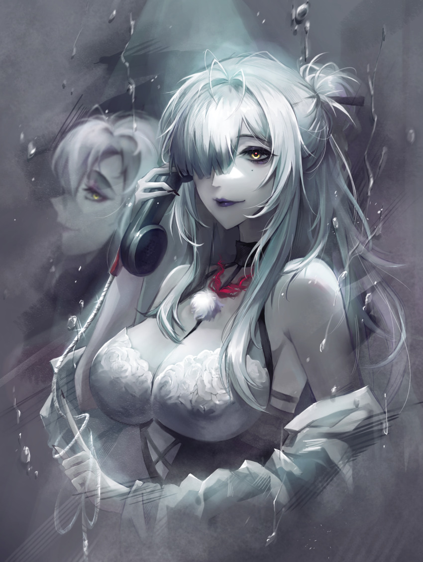 1girl asymmetrical_bangs bare_shoulders between_breasts breasts cable chinese_commentary cleavage commentary corded_phone different_reflection dress eleven_(path_to_nowhere) eyeliner grey_background grey_hair hair_bun hair_over_one_eye halter_dress halterneck high_ponytail highres holding holding_phone jacket ko_no_maoyu_da large_breasts looking_at_viewer makeup mole mole_under_eye off_shoulder one_eye_covered pale_skin path_to_nowhere phone purple_eyeliner purple_lips reflection sidelocks sleeveless sleeveless_dress smile solo strap_between_breasts updo upper_body water_drop wet white_dress white_jacket yellow_eyes