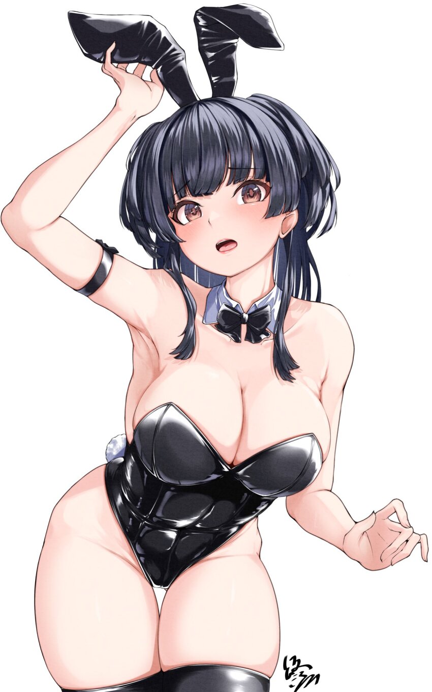 1girl animal_ears black_bow black_bowtie black_hair black_leotard black_thighhighs bow bowtie breasts brown_eyes cleavage cowboy_shot detached_collar endo_yohane highres idolmaster idolmaster_shiny_colors large_breasts leaning_forward leotard long_hair looking_at_viewer mayuzumi_fuyuko playboy_bunny rabbit_ears rabbit_tail simple_background solo strapless strapless_leotard tail thighhighs two_side_up white_background