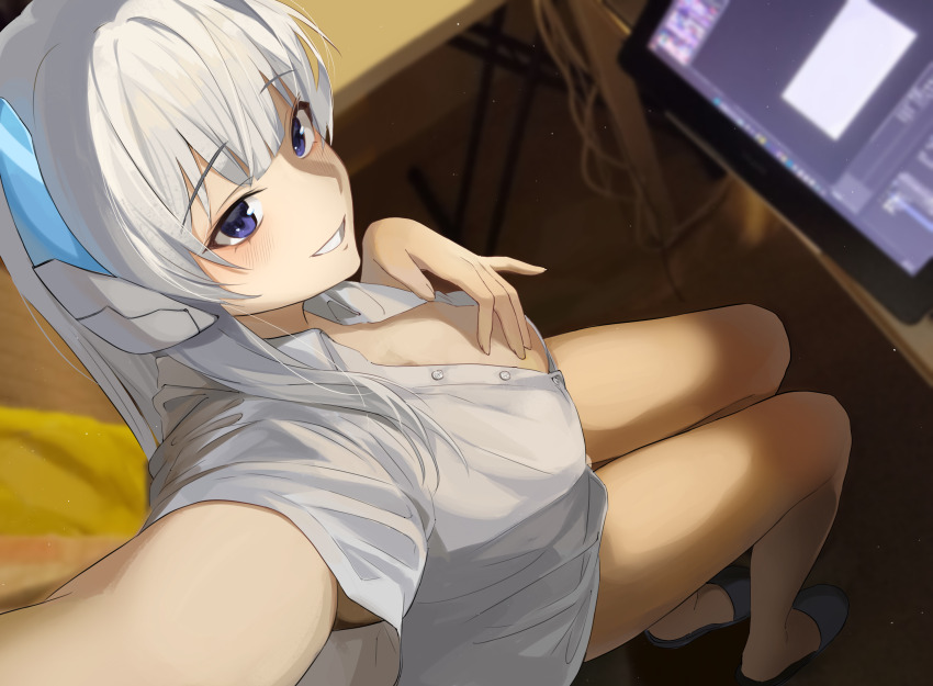 1girl arm_up black_footwear blue_archive blush breasts buttons cleavage collared_shirt commentary_request from_above grey_hair grin halo highres hyuji_0w0 korean_commentary large_breasts legs long_hair looking_at_viewer naked_shirt noa_(blue_archive) purple_eyes shirt short_sleeves sitting smile solo table tablet_pc teeth thighs white_hair white_shirt