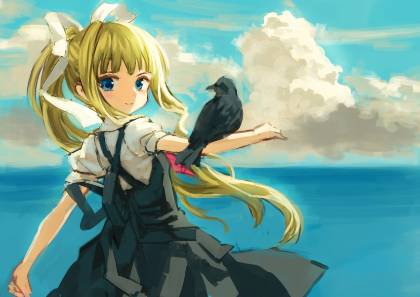 00s 1girl air_(visual_novel) ama-tou bird black_dress blonde_hair blue_eyes blue_sky cloud crow day dress female_focus hair_ribbon kamio_misuzu long_hair looking_back ocean outstretched_arms ponytail ribbon school_uniform shirt sky smile solo sora_(air) very_long_hair