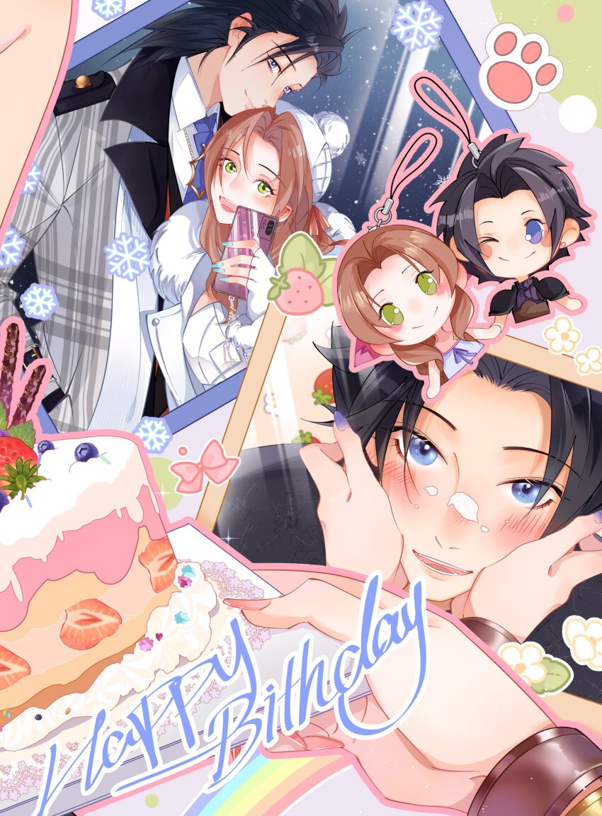 1boy 1girl absurdres aerith_gainsborough aerith_gainsborough_(fairy_of_snowfall) anniversary aqua_nails armor birthday birthday_cake black_hair blue_eyes blue_necktie blue_sweater blush blush_stickers bracelet brown_hair cake chibi closed_eyes coat collared_shirt commentary_request couple crisis_core_final_fantasy_vii facing_viewer final_fantasy final_fantasy_vii final_fantasy_vii_ever_crisis fingerless_gloves flower food fruit gloves green_eyes grey_coat hair_ribbon hair_slicked_back hands_on_another&#039;s_cheeks hands_on_another&#039;s_face happy_birthday hat highres holding holding_phone jewelry long_hair looking_at_viewer mianmian741 multiple_views nail_polish necktie official_alternate_costume one_eye_closed open_mouth parted_bangs phone picture_frame pink_ribbon pov pov_hands ribbon shirt short_hair shoulder_armor sleeveless sleeveless_turtleneck smile snowflakes snowing spiked_hair strawberry sweater turtleneck turtleneck_sweater white_coat white_gloves white_hat white_shirt white_sweater winter_clothes zack_fair zack_fair_(holiday_suit)