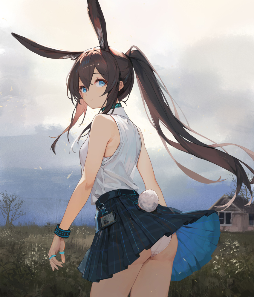 1girl absurdres amiya_(arknights) animal_ear_fluff animal_ears arknights ass bare_shoulders bare_tree black_skirt blue_eyes bohe_midiexiang breasts brown_hair building closed_mouth clothes_lift clothing_cutout cloud cloudy_sky day field from_behind hair_between_eyes highres jewelry long_hair looking_at_viewer looking_back outdoors panties pleated_skirt ponytail rabbit_ears rabbit_girl rabbit_tail ring shirt sidelocks skirt skirt_lift sky sleeveless sleeveless_shirt small_breasts solo tail tail_through_clothes tree underwear very_long_hair white_panties white_shirt