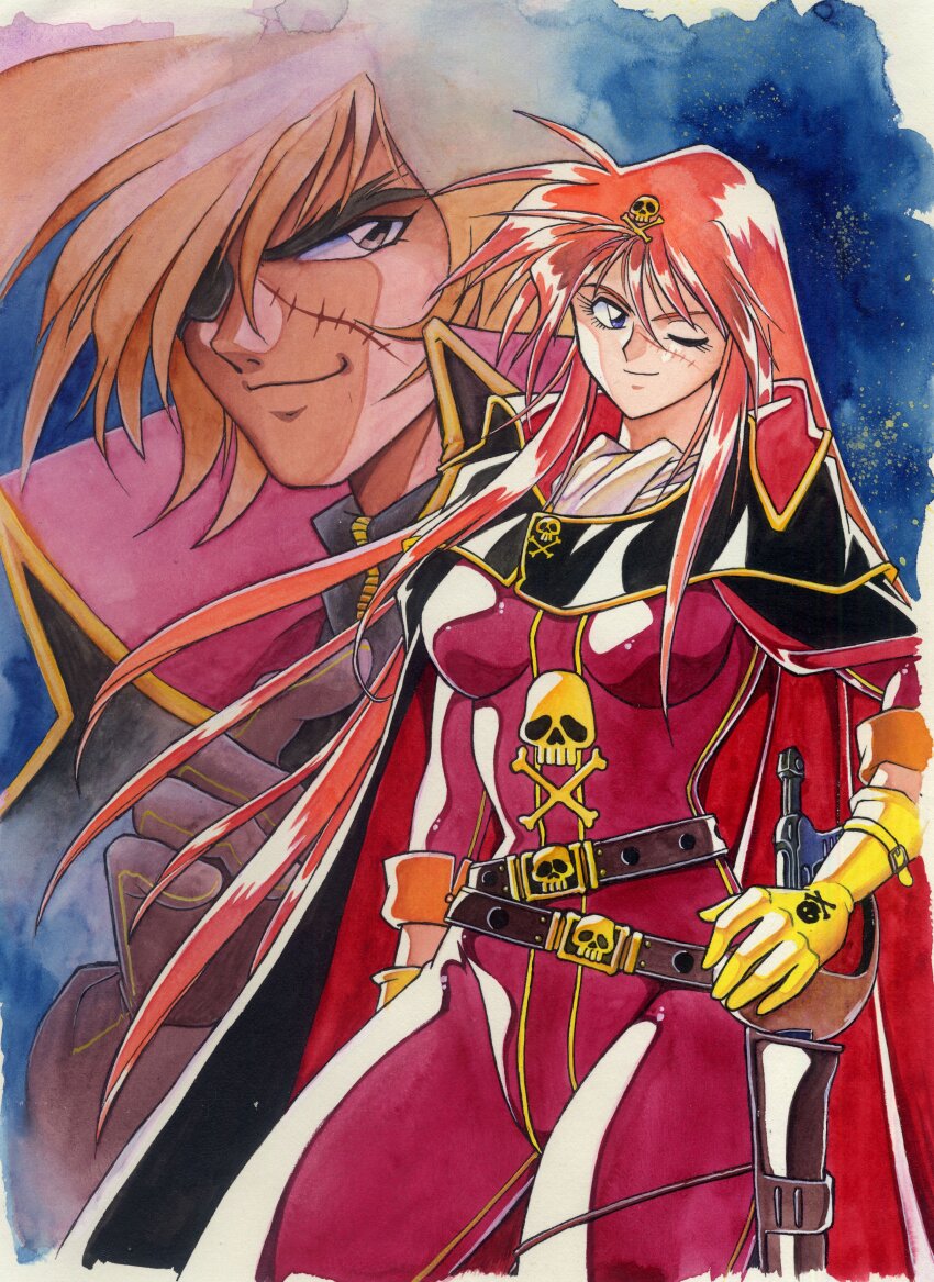 1990s_(style) 1boy 1girl absurdres belt black_cape black_jacket blue_eyes bodysuit breasts brown_belt brown_eyes brown_hair cape emeraldas hair_ornament harlock harlock_saga highres holstered jacket long_hair manabe_jouji medium_breasts one_eye_closed orange_hair red_bodysuit retro_artstyle scar scar_on_face skull_and_crossbones skull_hair_ornament smile space very_long_hair