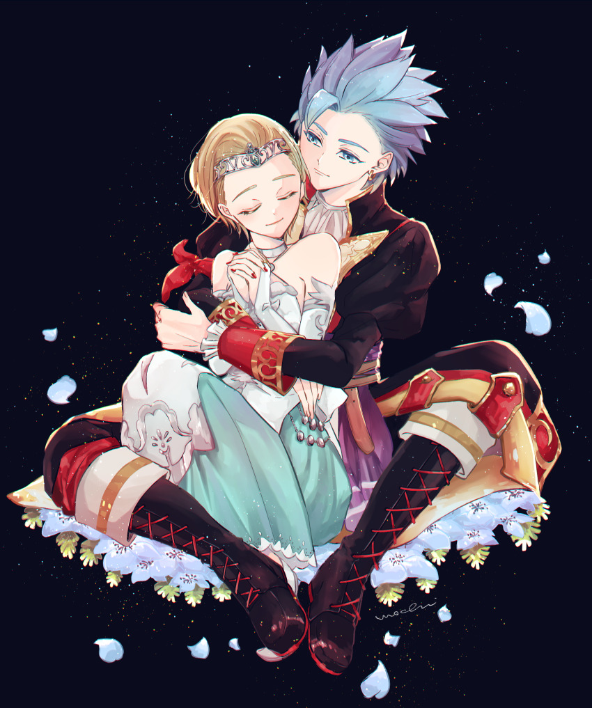 1boy 1girl absurdres aqua_dress arms_around_waist ascot black_footwear blonde_hair blue_background blue_eyes blue_flower blue_hair blue_petals boots bridal_gauntlets camus_(dq11) circlet closed_eyes commentary_request couple dragon_quest dragon_quest_xi dress earrings flower gold_earrings hcomoch_(mochizaki) hetero highres hoop_earrings hug hug_from_behind jewelry juliet_sleeves long_sleeves multicolored_dress official_alternate_costume official_alternate_hairstyle own_hands_clasped own_hands_together puffy_sleeves red_nails senya_(dq11) short_hair silver_circlet smile spiked_hair white_ascot white_bridal_gauntlets white_dress